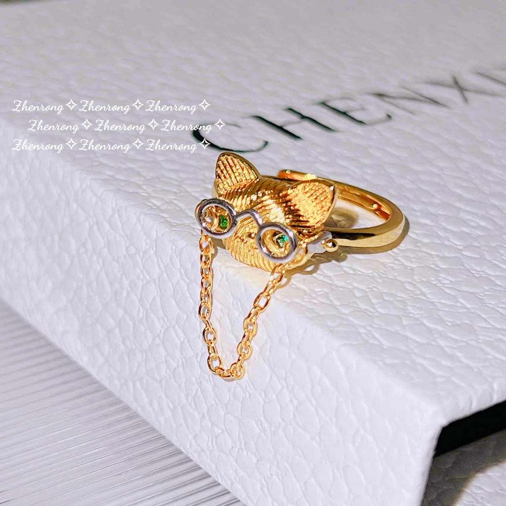 Goldkingdom Perhiasan Fashion Emas Asli Kadar 375 Bangkok Aksesoris Ready Stock Tangan-Kuping Kucing Dr Cincin Perempuan Zamrud Indah Kartun Adjustable Ring