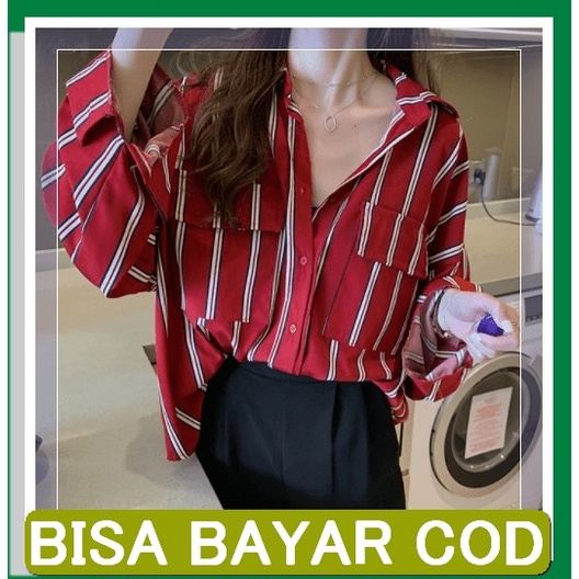 Best Quality Kemeja Cewek Korea Import Wanita [Zara Gliter Yellow JZ519 Kemeja Salur Hem Wanita Ove