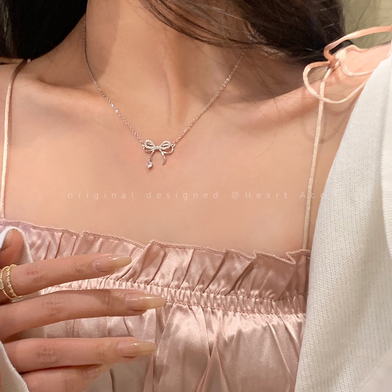 AY(CN) Kalung Rantai Choker Liontin Pita Hias Kristal Warna Silver Untuk Wanita