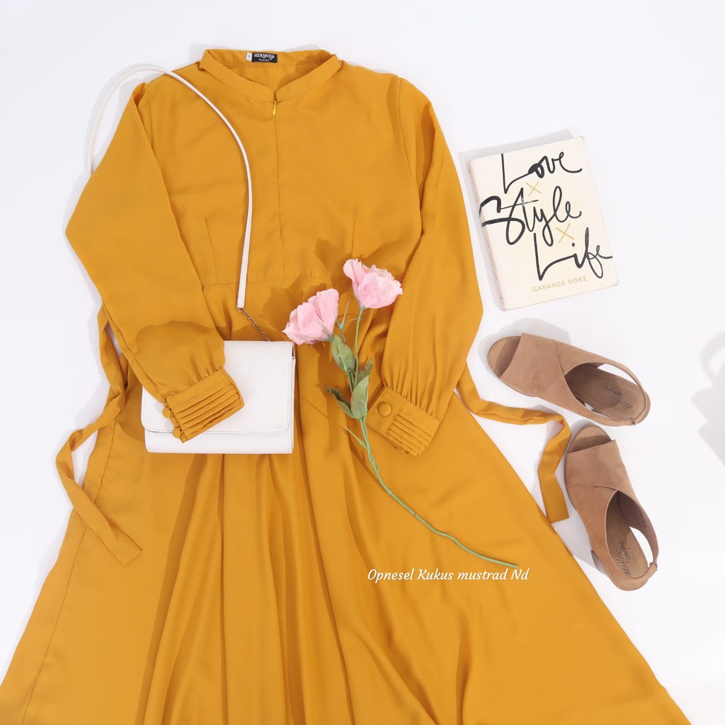 [Gamis Hermosa] Gamis polos kuning mustard bahan wollycrepe premium umbrella 4 meter-gamis kuning