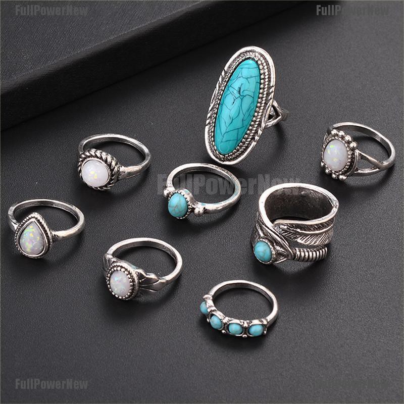 (FULL Jy) 8PCS / Set Cincin Gaya Bohemian Motif Geometri Aksen Turquoise + Opal Untuk Perhiasan Wanita / Pernikahan