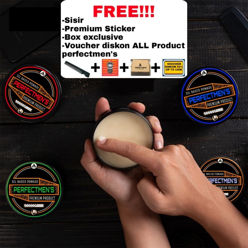 PERFECTMENS OILBASED POMADE 60gr POMADE OIL BASED PELURUS RAMBUT free sisir+sticker BOX PREMIUM POMADE