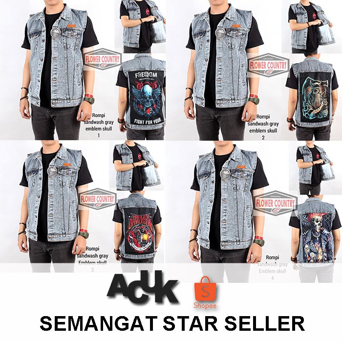 Rompi Tengkorak / Rompi Jeans Tengkorak / Rompi Sandwash Tengkorak / Rompi Murah / Baju Tengkorak