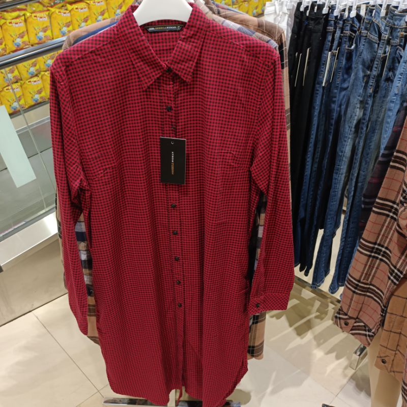Tunik Kemeja Muslim wanita motif kotak kotak merah By Benhill