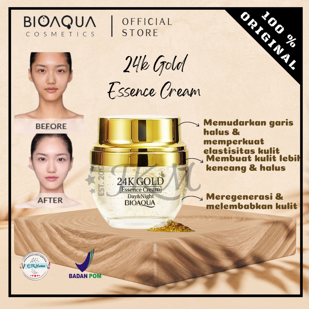 BIOAQUA 24K GOLD ESSENCE CREAM BPOM NET WT 50GR CREAM GOLD CREAM PELEMBAB WAJAH CREAM MENCERAHKAN WAJAH BIOAQUA ESSENCE CREAM