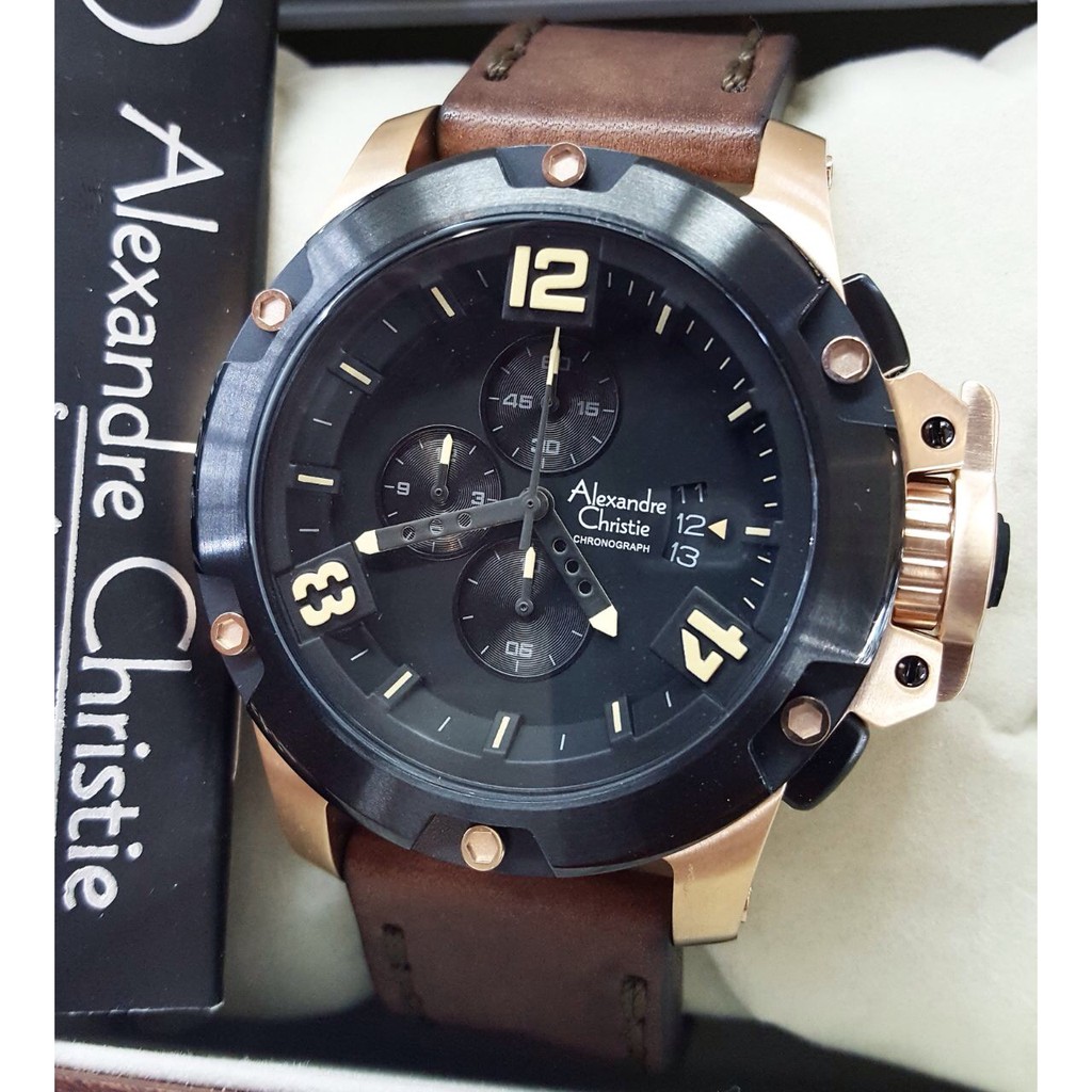 Alexandre Christie AC6295M Jam Tangan Pria Strap Leather coklat tua rose gold