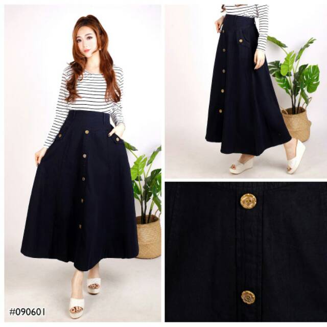 ( BISA COD ) Rok Panjang Jeans Kancing 5 Allsize Rok Panjang Jeans Mekar Nonstretch 4 Warna