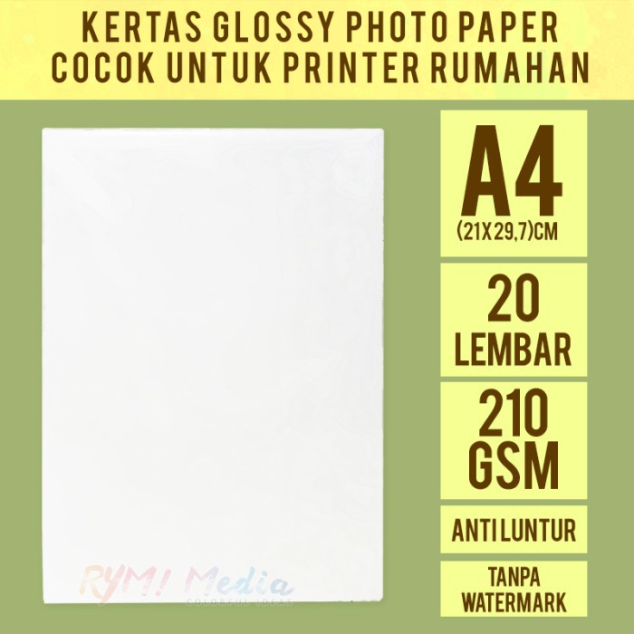 

Senikertas- Kertas Foto Glossy 210 Gsm A4 Isi 20 / Photo Paper Tebal Single Side -Kertas-Seni.