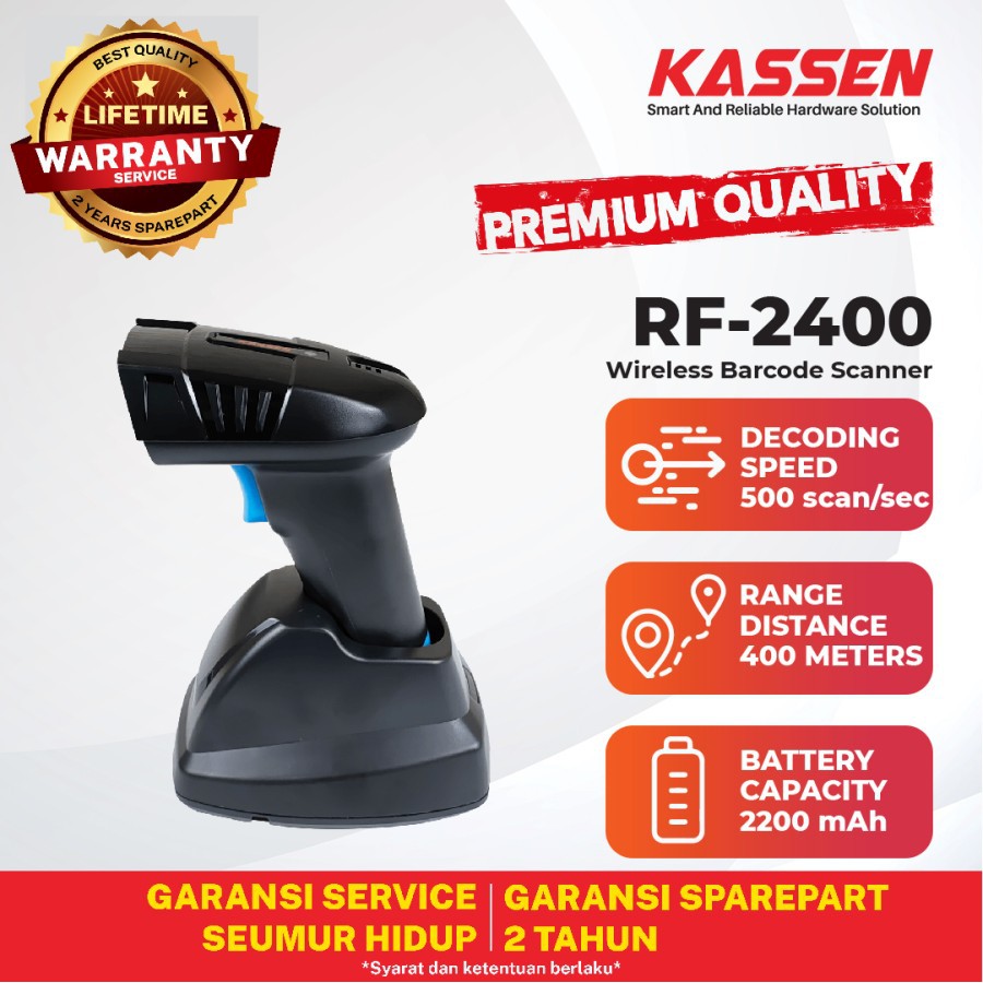 BARCODE SCANNER UP TO 400M TAHAN 7 HARI KASSEN RF-2400 1D/2D WIRELESS