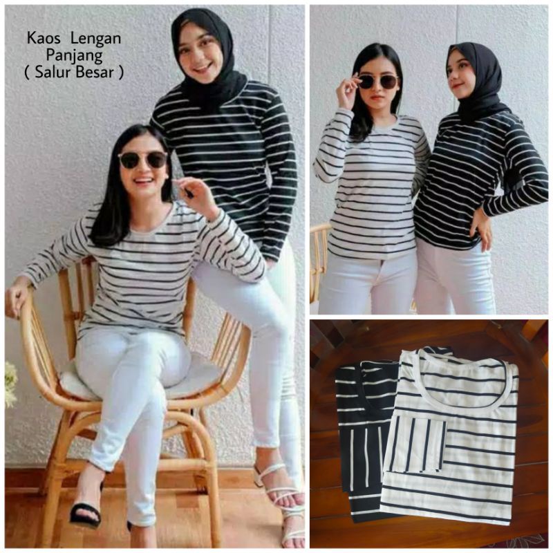 Kaos Lengan Panjang Salur Hitam Putih / Kaos Stripe Wanita Lengan Panjang