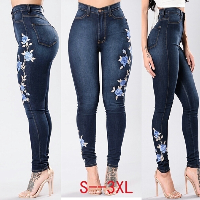  Celana  Panjang Jeans  Skinny High Waist Elastis Motif  