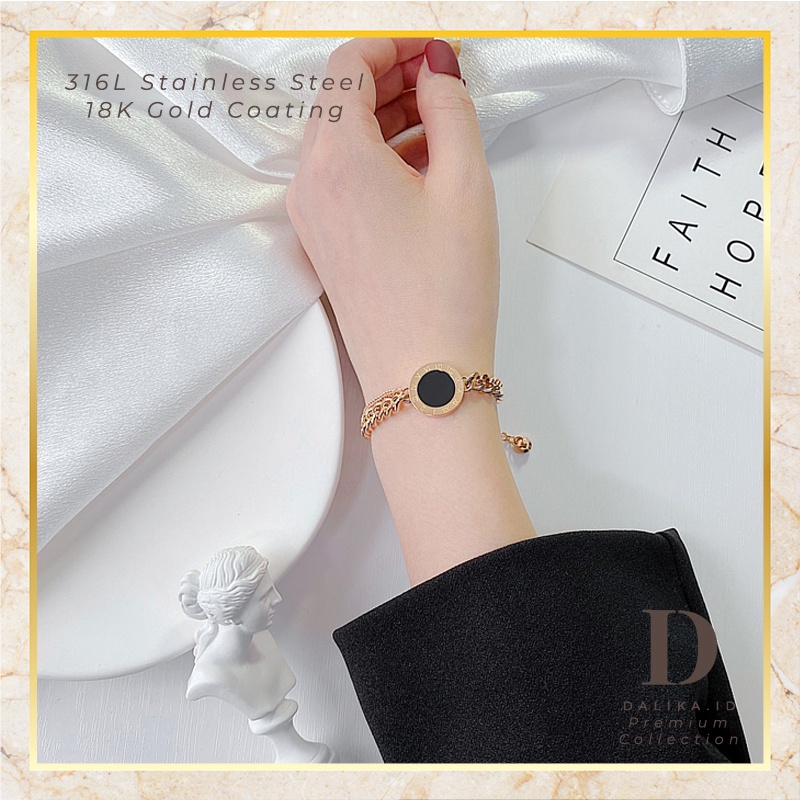 Dalika Gelang Titanium Premium Collection Rantai Bulat Hitam Putih Marmer B**gari Lapis Emas 18K