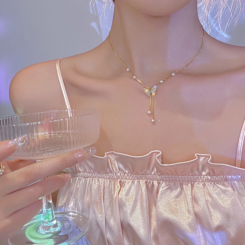 Kalung Rantai Klavikula Liontin Kupu-Kupu Aksen Mutiara Zirkon Untuk Hadiah Ulang Tahun Pernikahan Wanita