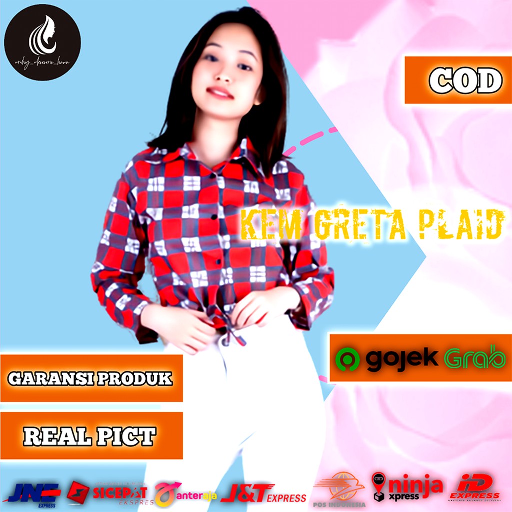 KEM GRETA PLAID Baju Atasan Wanita Remaja Kemeja Lengan Panjang Motif Kotak Tartan Kekinian Terlaris