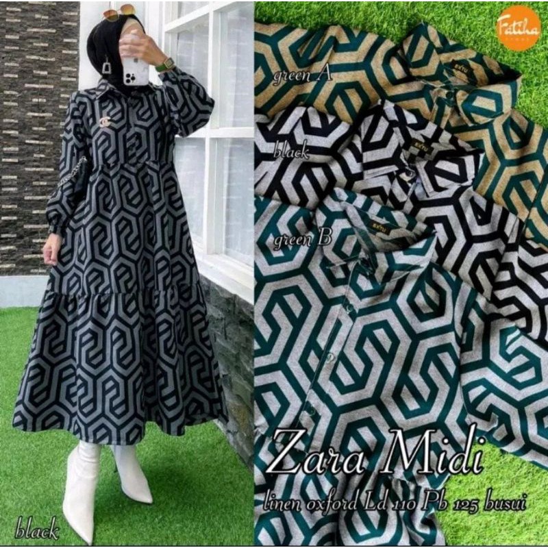 Midi dress Motif Z*ra Print Bahan Linen Import