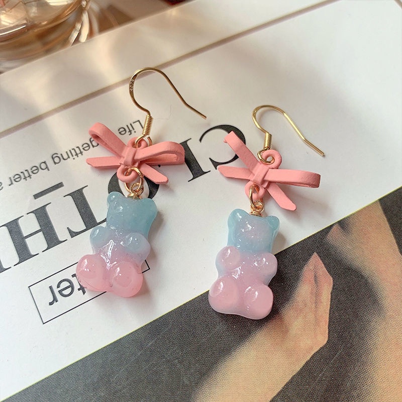 Buatan tangan ~ warna gradien bear anting-anting pink biru lembut gadis gaya Jepang kotak-kotak busu