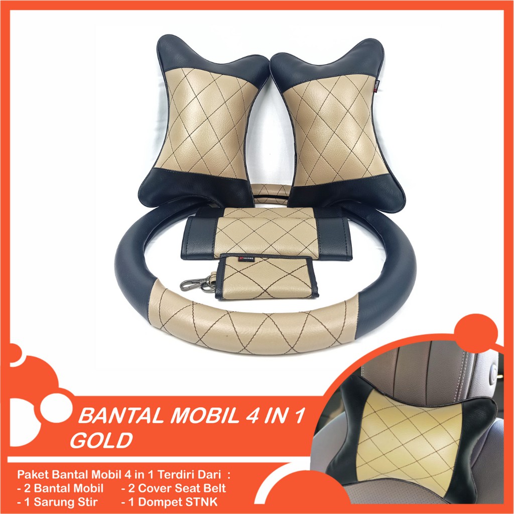 Set Bantal Mobil 4 in 1 Premium Bantal Mobil Sarung Stir Cover Seatbelt Dompet STNK