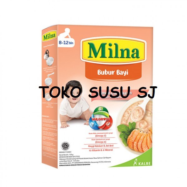 MILNA BUBUR 8 + 120 GR/120gr/8+/8 bulan/salmon cah bayam/sup ayam jagung/daging kacang polong/hati ayam brokoli