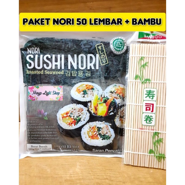 Paket sushi nori 50 lembar + 1bambu makisu sushimat penggulung sushi bamboo dry seaweed halal murah