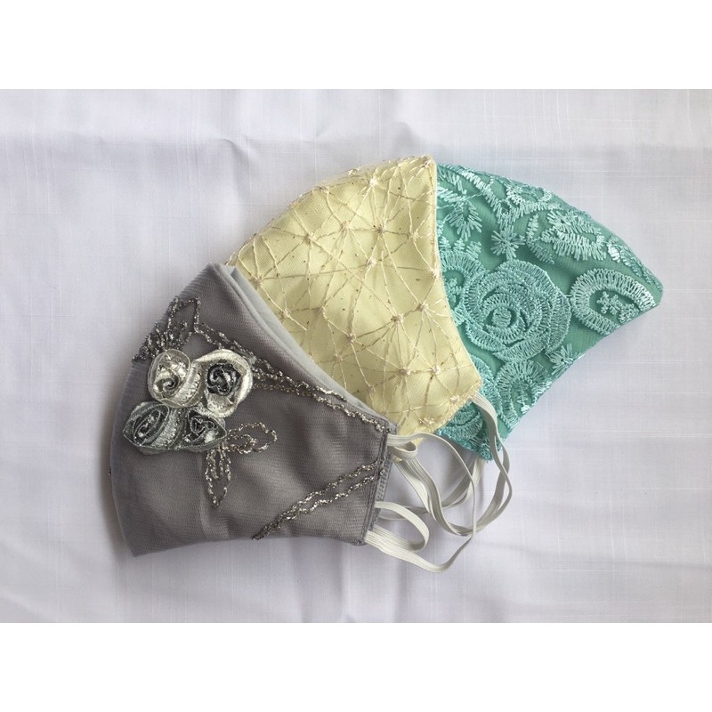 Masker Brokat lebaran dewasa dan anak anak 3ply motif abu bunga,cream gold, biru hijau tosca. masker