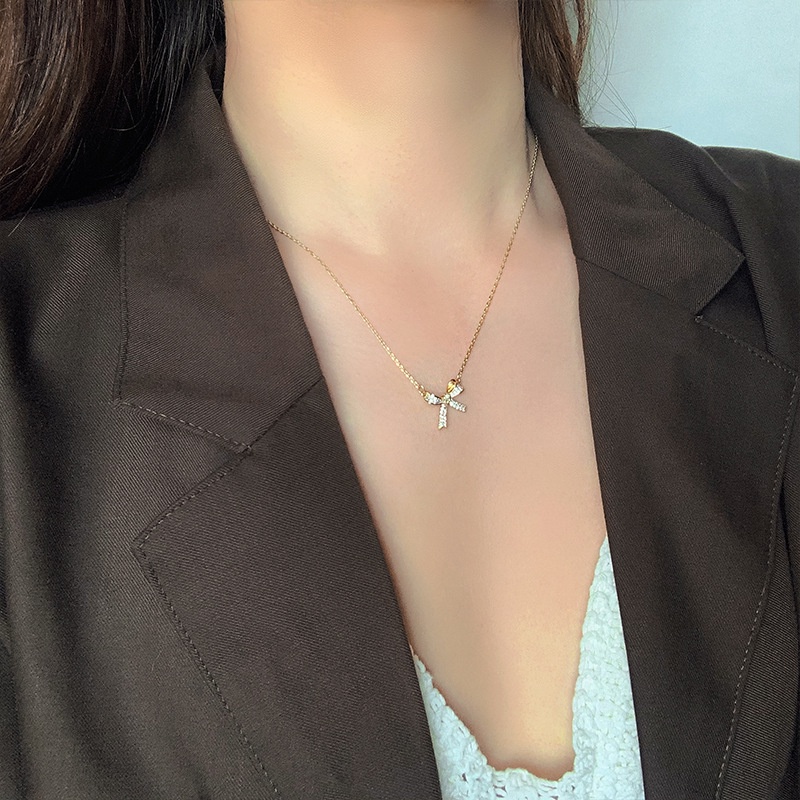 XiaoboACC Kalung Rantai Titanium Steel Lapis Emas 18K + Liontin Pita Hias Zircon Ukuran Untuk Wanita - 38CM+6CM