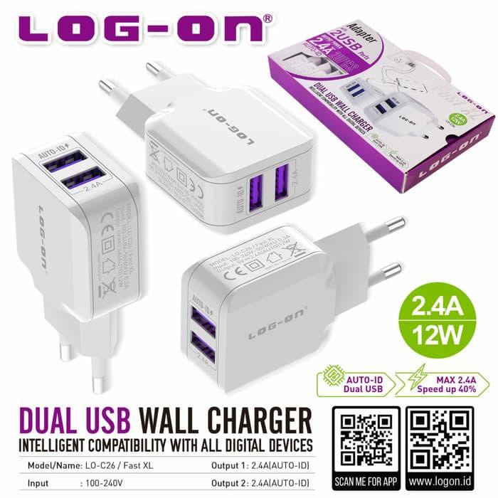 BATOK CASAN CHARGER LO-C26 WALL CHARGER DUAL USB FAST XL 2.4A - CHARGING LOG ON