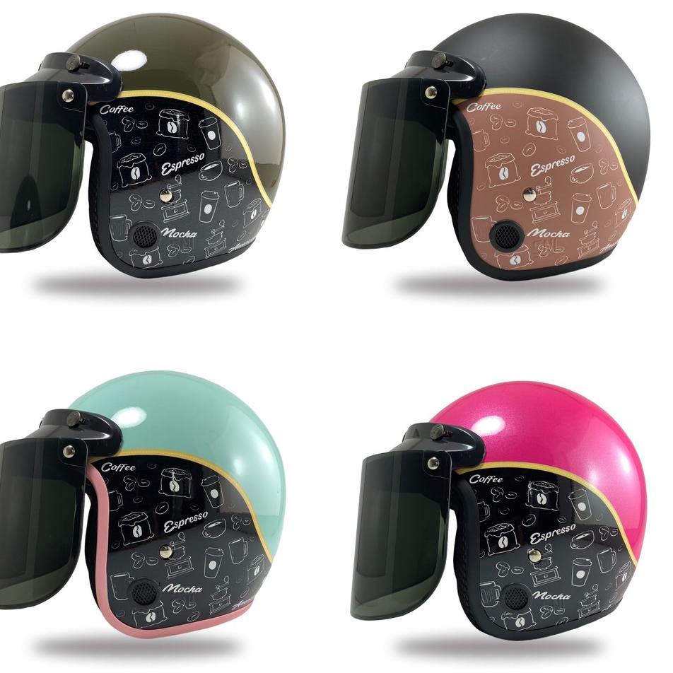 Terbaik.. Helm Bogo Kopi Retro Untuk Dewasa SNI Kaca Datar Injak