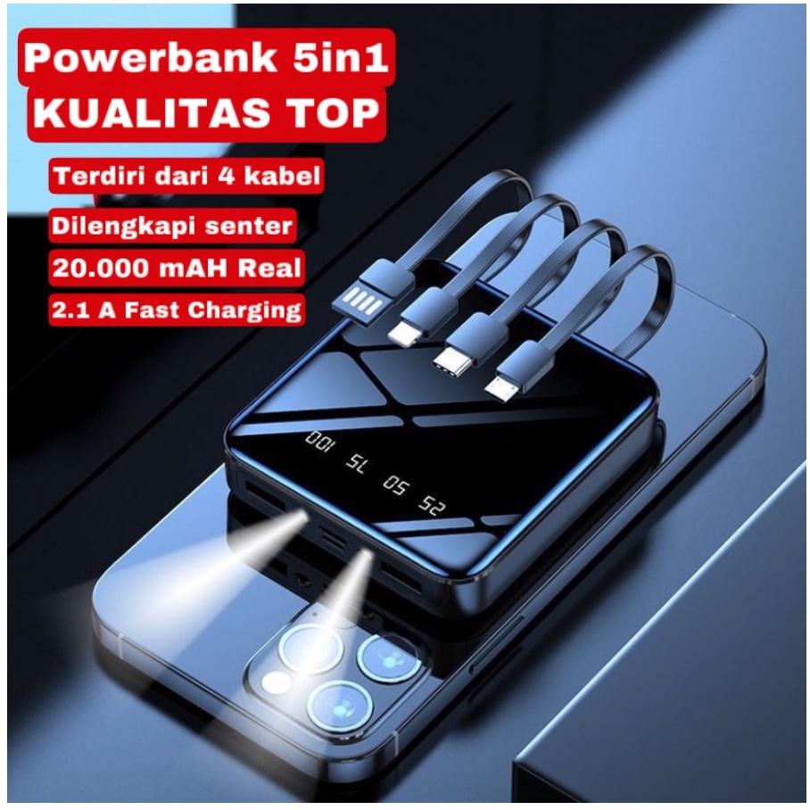 Powerbank Mini 5in1 Fast Charging 20.000 mAH Built in Cable Portable with LED Display Dual USB Digital