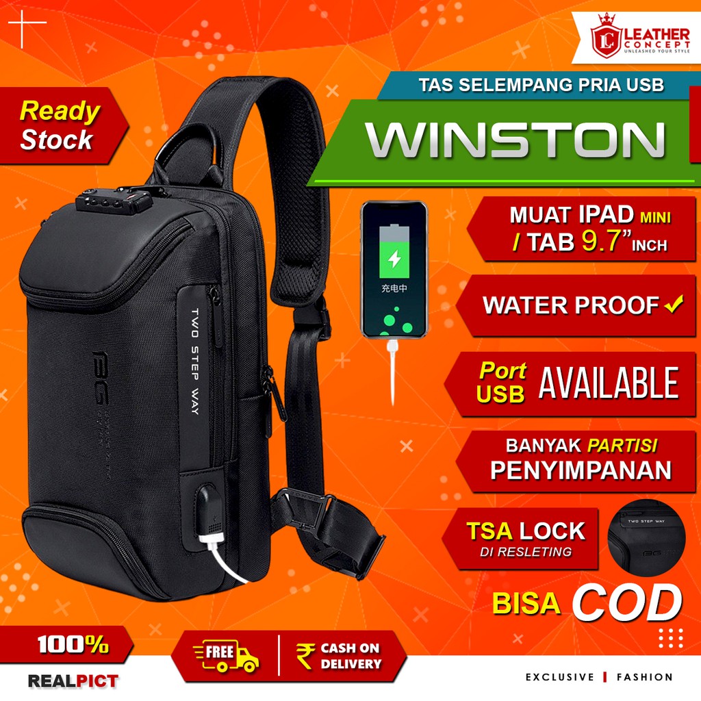 BANGE  Tas Selempang Pria Tas Pria Sling Bag Pria Charger USB - WINSTON