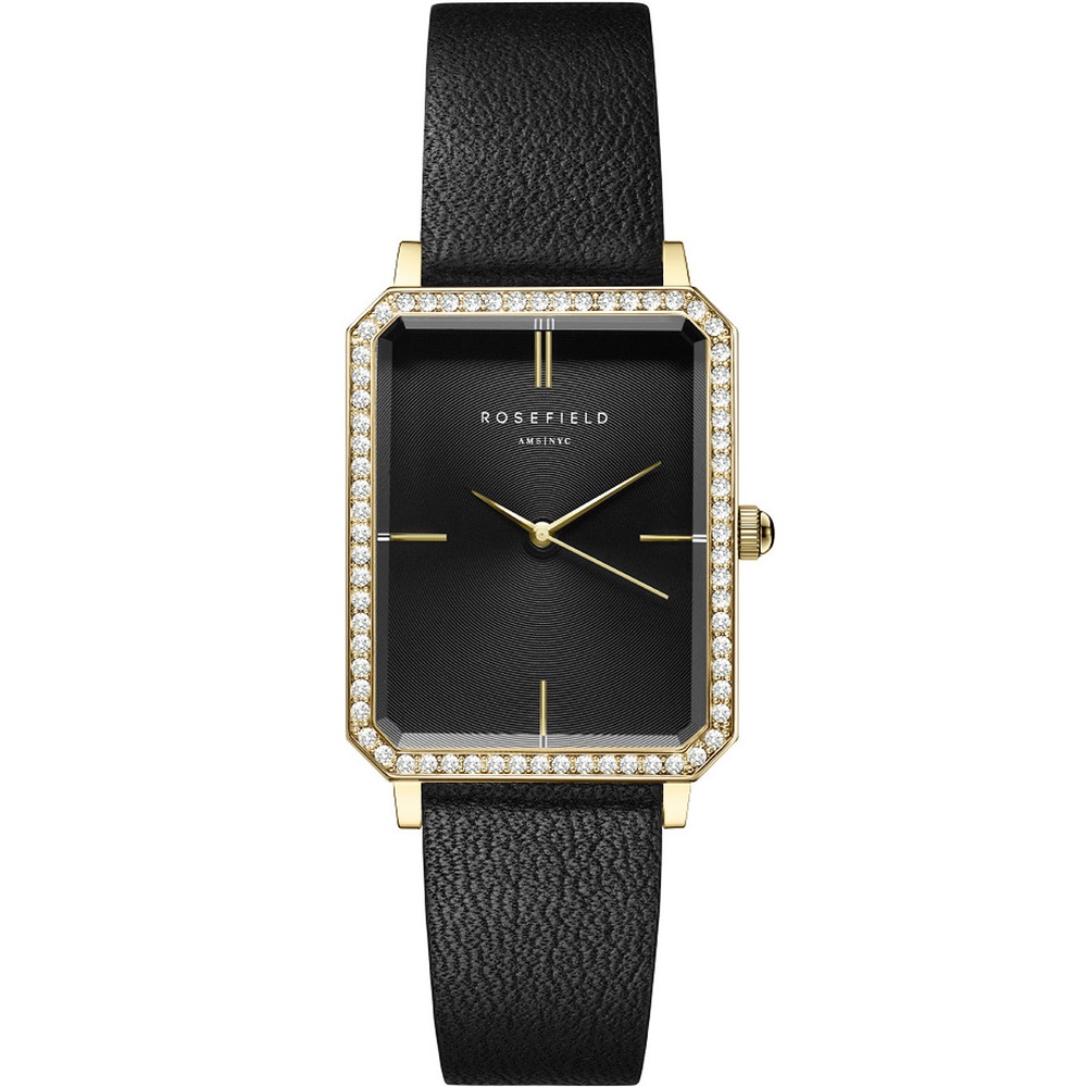 Rosefield Jam Tangan Wanita The Octagon Black  Sunray Crystal  Black Leather Gold OBBLG-O51