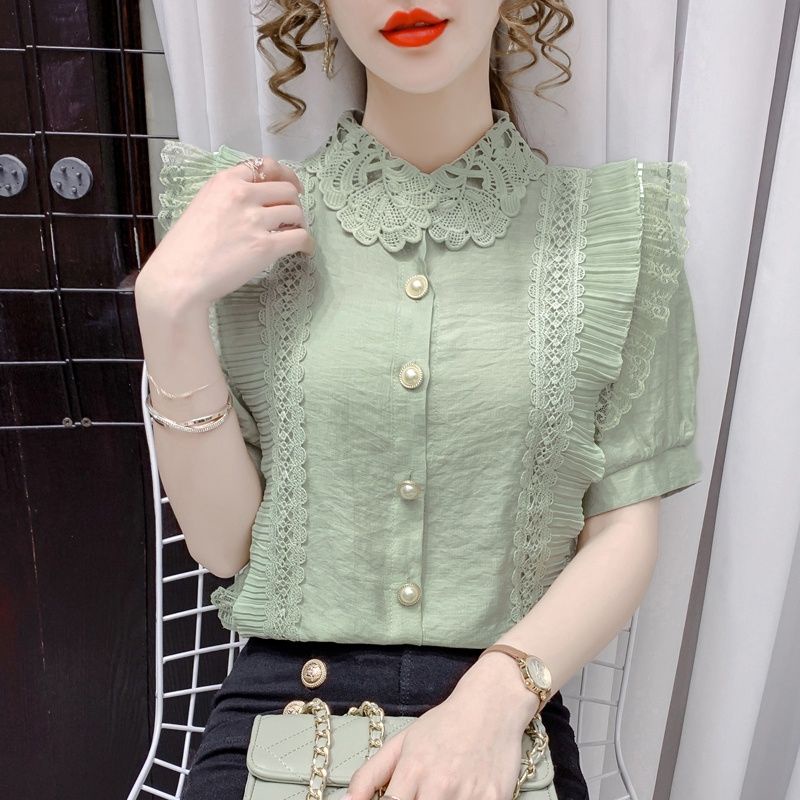 7992 Atasan lengan balon pendek kerah renda import wanita Pakaian kemeja lengan pendek kerah import 