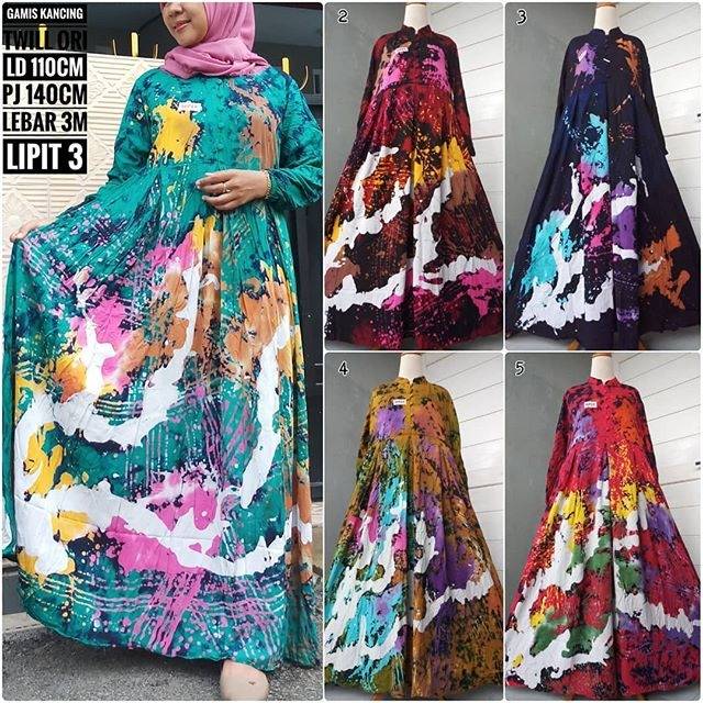 Gamis kancing abstrak twill ori jeruk mas murah