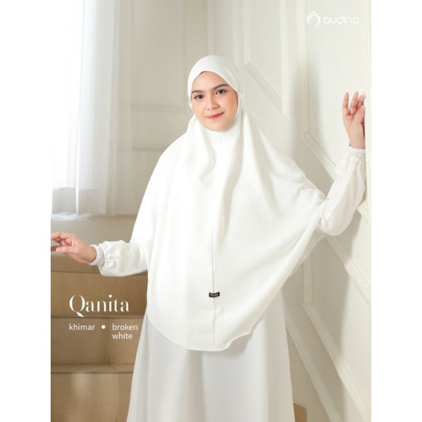Qonita Khimar Putih Tulang ORI Audina/Jilbab Tali /Jilbab Umroh Haji /Non Ped