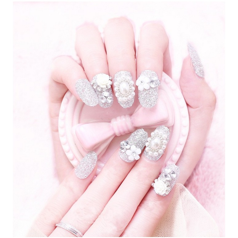 NAIL ART - 24 Pcs kuku warna silver bertabur hiasan cocok u/wedding