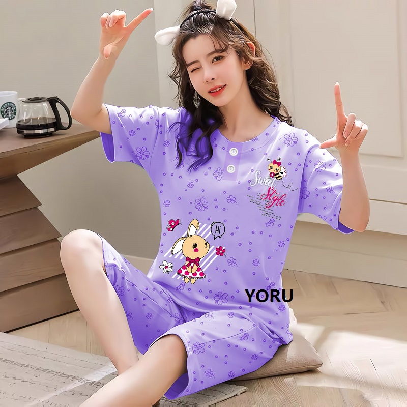 Pamelo.id Stelan C3/4 Baby Doll / Suplier Sleep Wear / Baju Tidur Wanita kaos Katun / Stelan Baju Tidur Murah Produk Terlaris Set HP-BunStyle Ungu