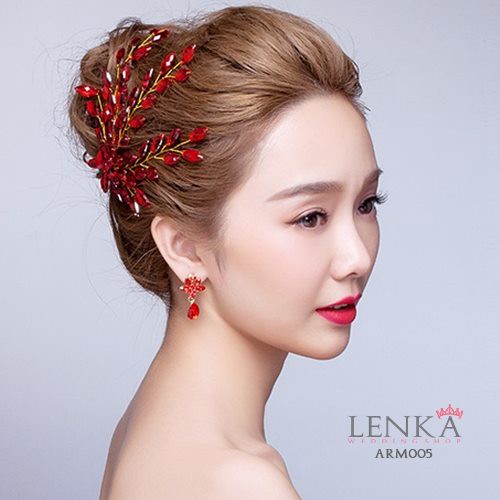 [SIAP KIRIM] AKSESORIS SANGGUL PENGANTIN WANITA HEADPIECE PESTA MERAH ARM005