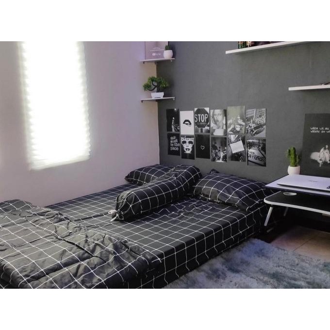 SPREI AESTHETIC MOTIF KOTAK HITAM, ABU-ABU, PUTIH / GRID