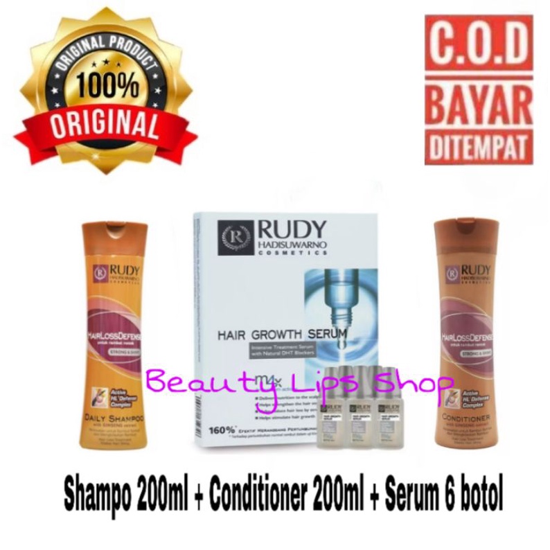 Paket Rudi / Rudy Hadisuwarno isi 3 : Shampo 200 ml + Conditioner 200ml + Serum Rambut 6 Botol ( Untuk Rambut Rontok )