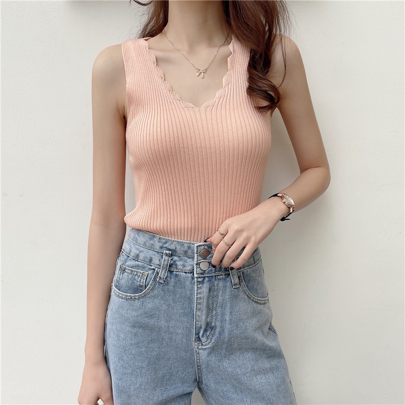 Honesty 145 Pakaian Atasan Wanita Tanpa Lengan Tanktop Korean VNeck Rajut Import