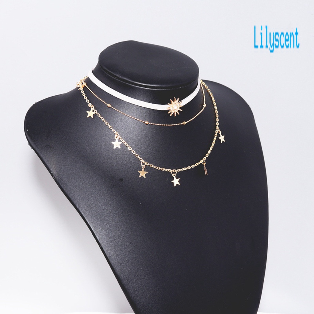 3pcs Kalung Choker 3 Lapis Bentuk Matahari Bintang Aksen Berlian Imitasi Untuk Wanita