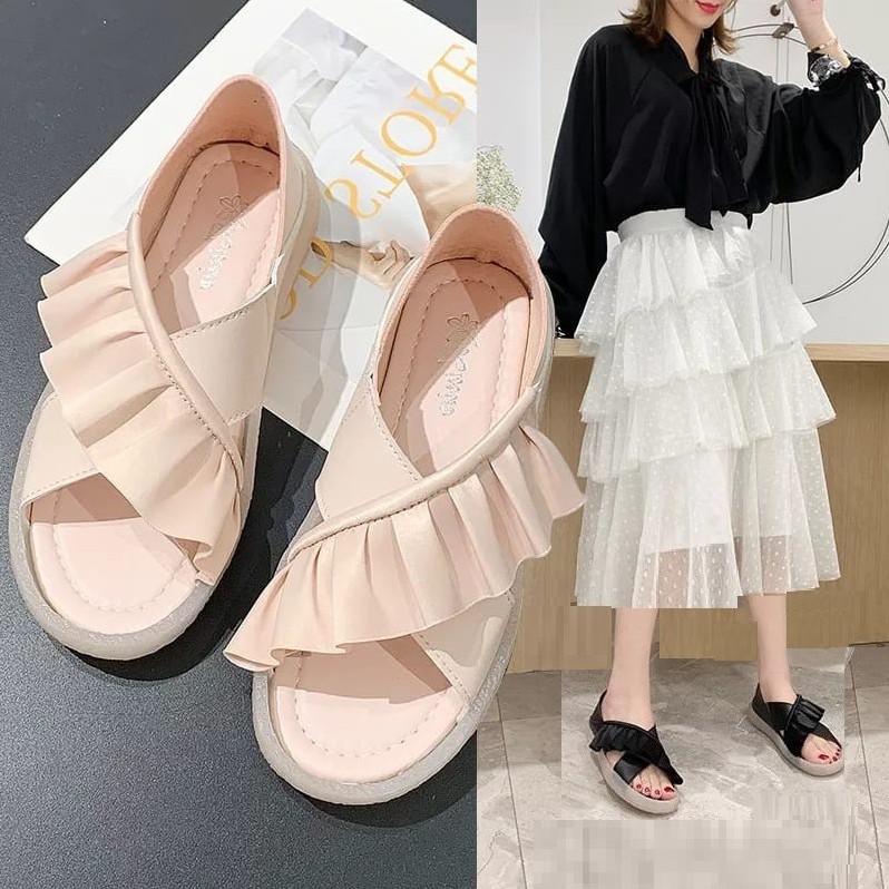 RYX - Sling Ruffles Sandal Slip Korea Wanita Fashion Casual - Ori Import