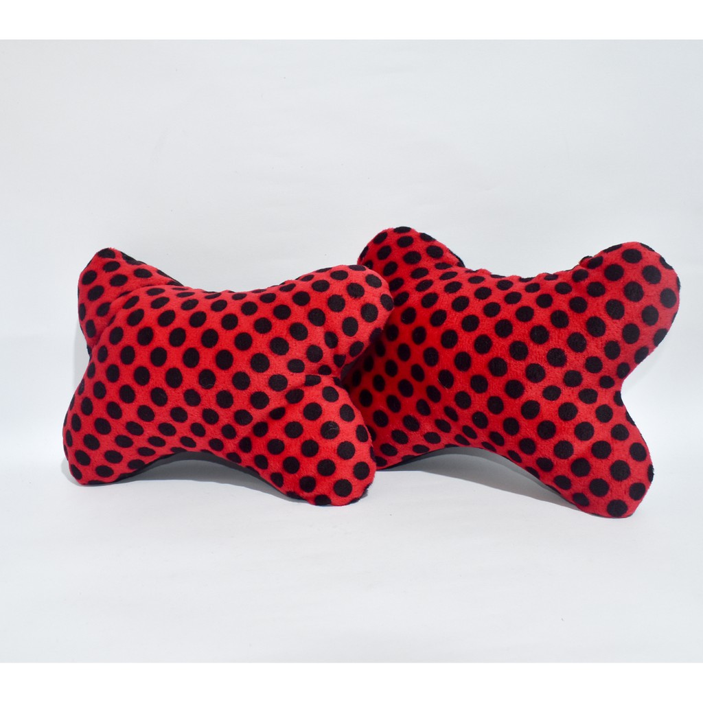 Bantal Mobil 3in1 MERAH POLKADOT HITAM EXCLUSIVE Carset Sandaran Kepala Leher Headrest Titik Hitam