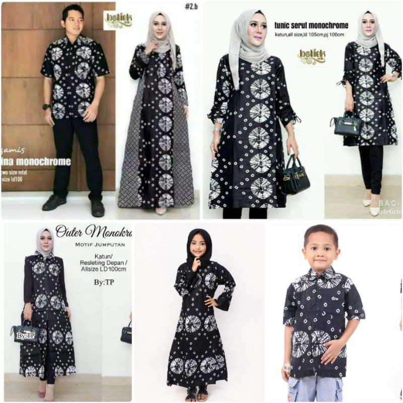 Family set shibori.gamis ibu.hem ayah anak.monochrome monokrom black white jumputan.M L XL jumbo