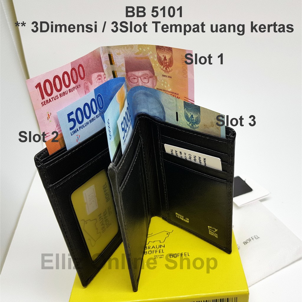 Dompet Pria Braun Buffel 5101 Black - Model 3D Berdiri - Kulit Import - Trifold.