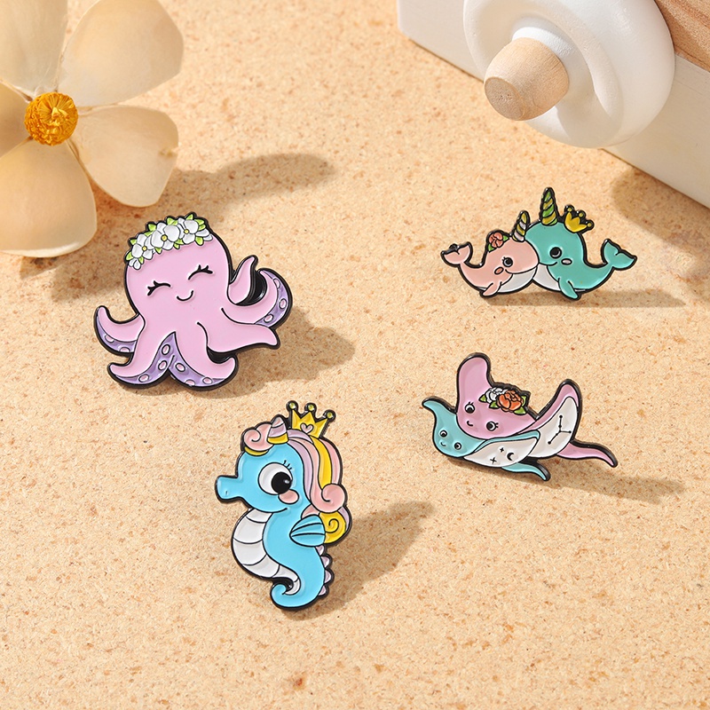 Cute Marine Life Brooch Dolphin Pin Hippcampus Pin Octopus Pin Mobula Pin Cartoon Badge Jewelry Gift