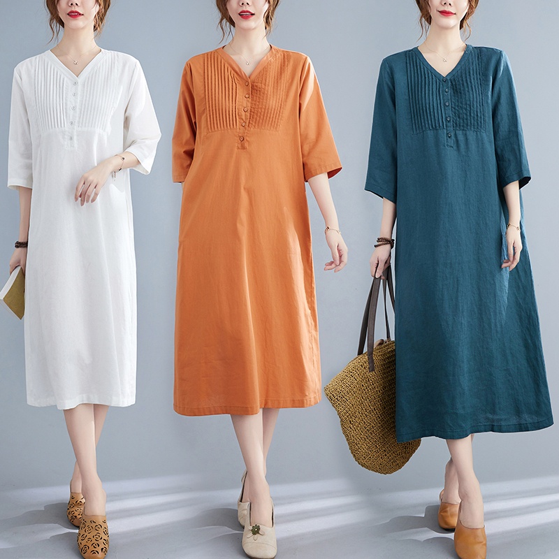 Women Half Sleeve V-neck Cotton Linen Long Dress
