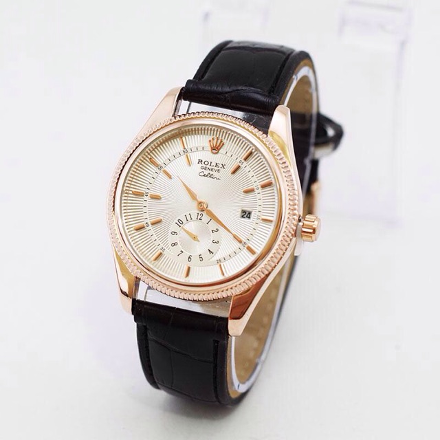 Jam Tangan Rolex Cellini Detik Leather Black Gold