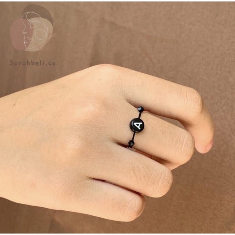 Cincin tali hitam inisial/ cincin tali inisial huruf murah