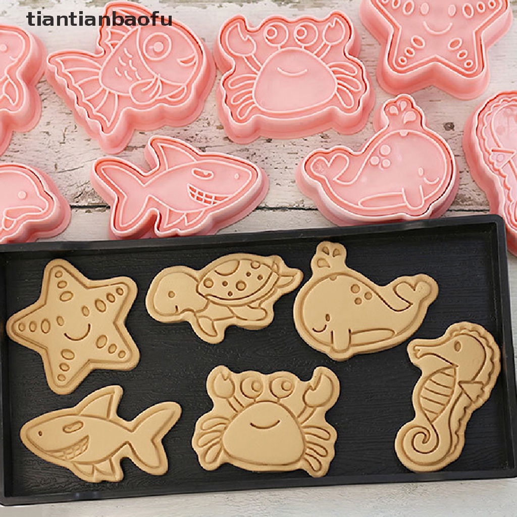 8pcs / Set Cetakan Pemotong Kue / Biskuit / Fondant Bentuk Kartun Hewan Laut / Kepiting / Lumba-Lumba 3D DIY