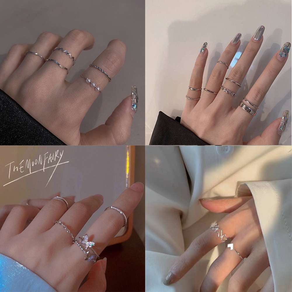 IFYOU Set Perhiasan Cincin Jari Bentuk Hati Aksen Mutiara Warna Silver Gaya Korea Untuk Wanita